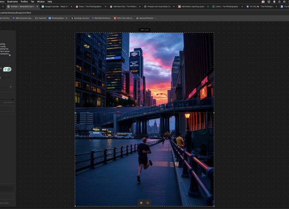 Person jogging on a city waterfront path at sunset with skyscrapers and colorful sky in the background. Credit: Chris Gampat via VSCO Canvas